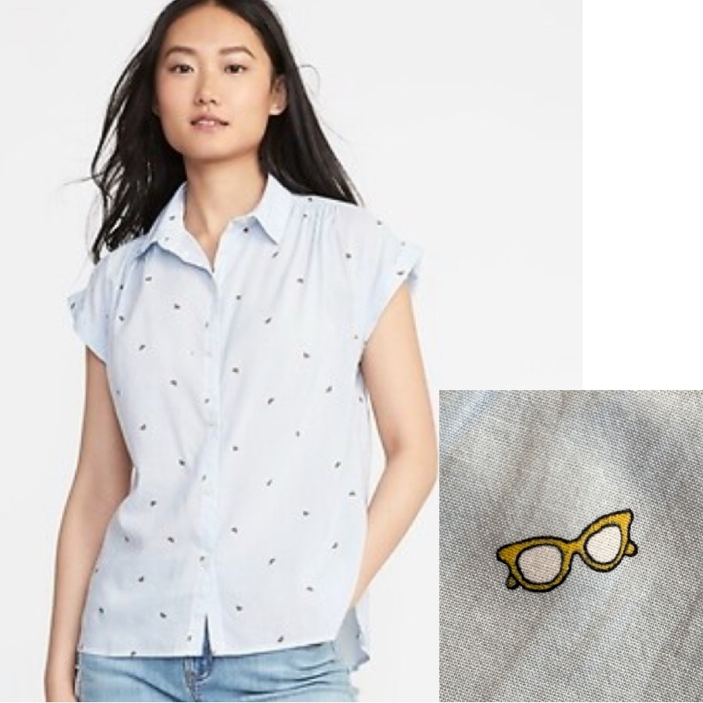 Old Navy relaxed s/s buttonup blouse glasses print XL
